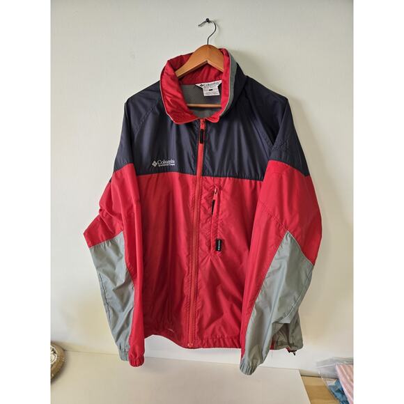 Columbia Jacket Packable Hooded Windbreaker Gray & Red Men's L - Picture 1 of 11